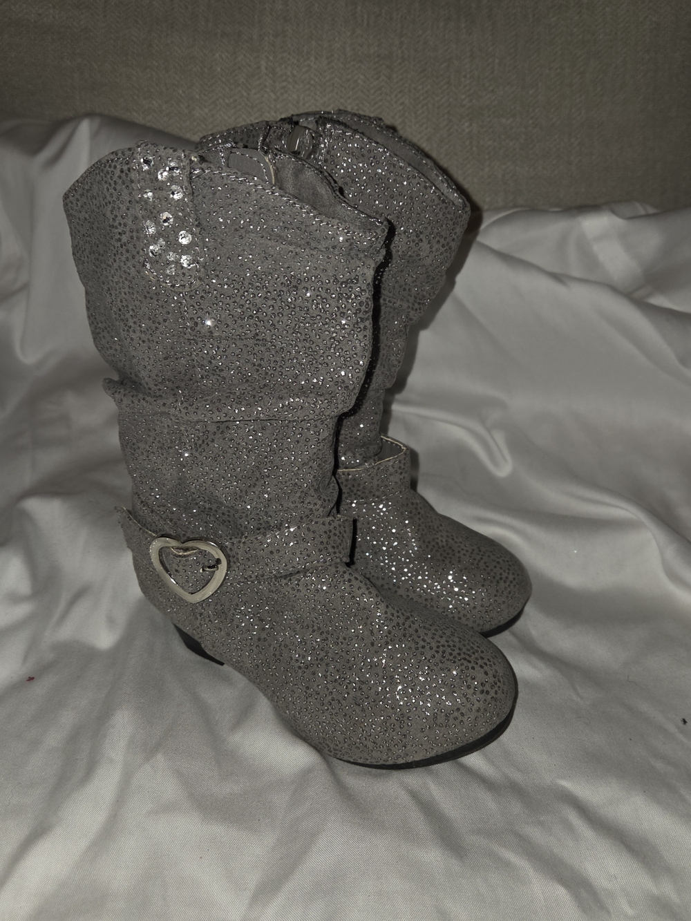 BONGO Girls Glitter Gray Mid-Calf Boots with Heart Buckle
